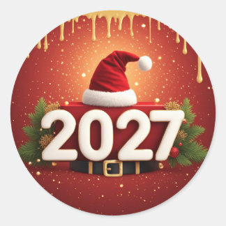 Sticker Rond Festive 2027 New Year Design | Red Gold Christmas 