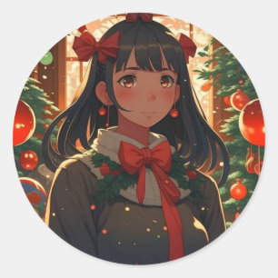 Sticker Rond Festive Anime Girl sur la nuit de Noël