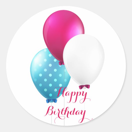 Sticker Rond Festive Bleu rose et Ballons blancs Joyeux anniver (Devant)
