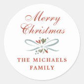 Sticker Rond Festive Bleu Ruban et Poinsettia Noël (Devant)