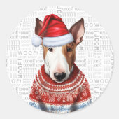 Sticker Rond Festive Bull Terrier Chien Woof Word Art Noël (Devant)