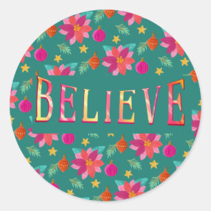 Sticker Rond Festive coloré Floral Croire Noël