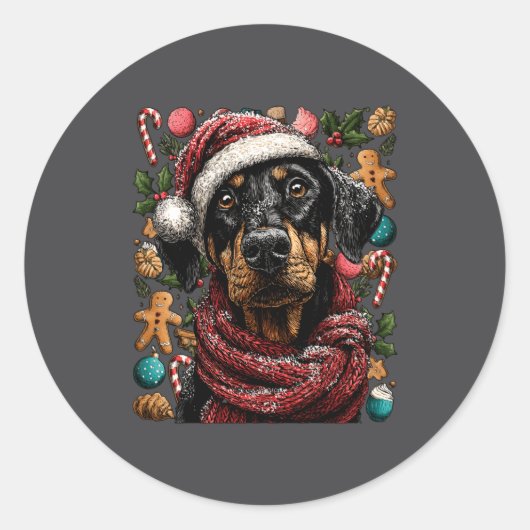 Sticker Rond Festive Doberman With Santa Hat Snowy Winter Chris (Devant)