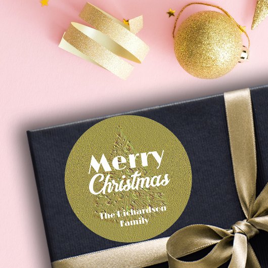 Sticker Rond Festive Elégant Or Embossé Arbre de Noël