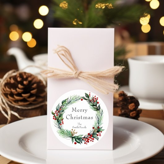 Sticker Rond Festive Festive Berry Wreath avec nom
