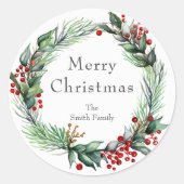 Sticker Rond Festive Festive Berry Wreath avec nom (Devant)