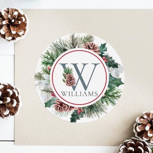 Sticker Rond Festive Foliage vacances Floral Monogramme initial