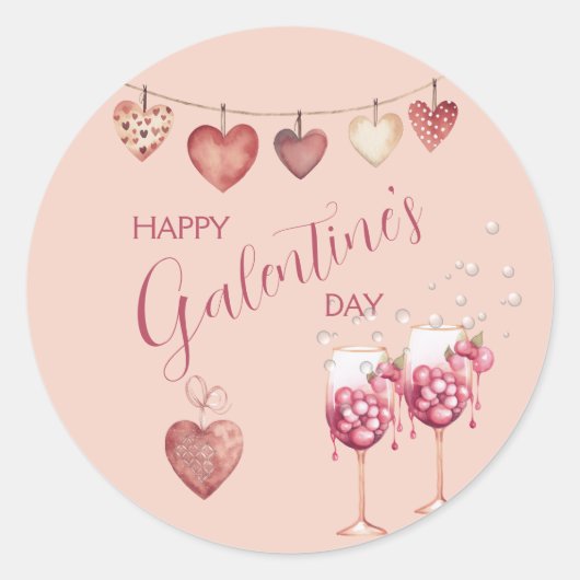 Sticker Rond Festive Galentine's Day Vins Lunettes et Coeurs (Devant)