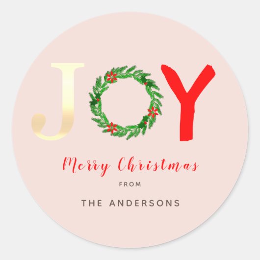 Sticker Rond Festive Gold Joy Holly Wreath Pink (Devant)