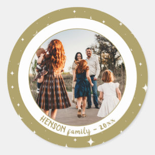 Sticker Rond Festive Golden Stars Photo Famille de Noël