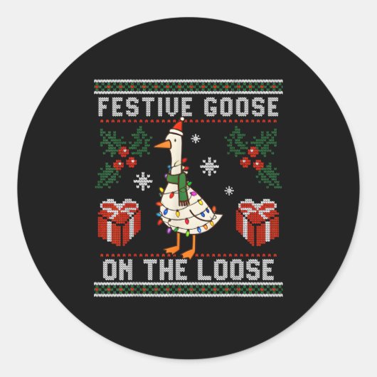 Sticker Rond Festive Goose On The Loose Funny Ugly Sweater Chri (Devant)