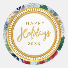 Sticker Rond Festive Happy Holiday Botanical Gold Sparkle