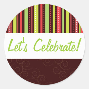 Sticker Rond Festive Holiday Rouge & Vert Polka Dot & Stripes