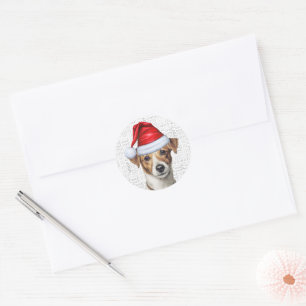 Sticker Rond Festive Jack Russell avec Woof Word Art Noël