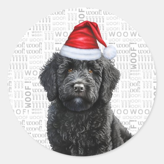Sticker Rond Festive Labradoodle avec Woof Word Art Noël (Devant)