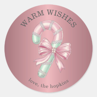 Sticker Rond Festive Pink and Green Glitter Shiny Candy Cane