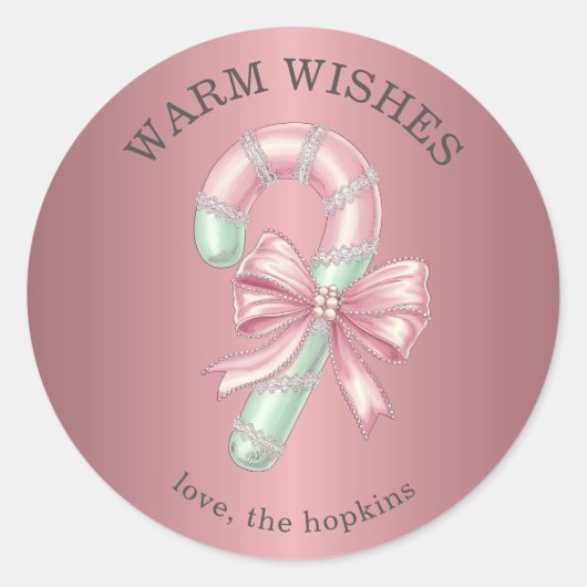 Sticker Rond Festive Pink and Green Glitter Shiny Candy Cane (Devant)