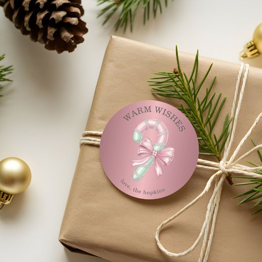 Sticker Rond Festive Pink and Green Glitter Shiny Candy Cane