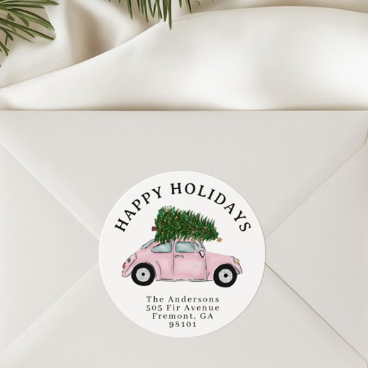 Sticker Rond Festive Pink Car Christmas Tree Return Address