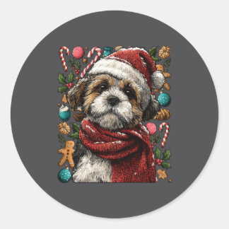 Sticker Rond Festive Shih Tzu With Santa Hat Snowy Winter Chris