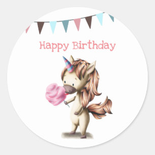 Sticker Rond Festive Unicorne manger coton bonbons anniversaire