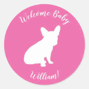 Sticker Rond Fête à thème Bulldog en France - rose Baby shower