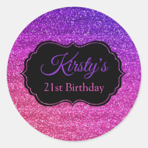 Sticker Rond Fête Anniversaire Paillettes Rose Violet Fun