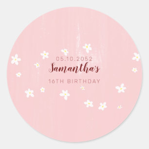 Sticker Rond Fête Anniversaire Rose Daisées Sweet Girly Script