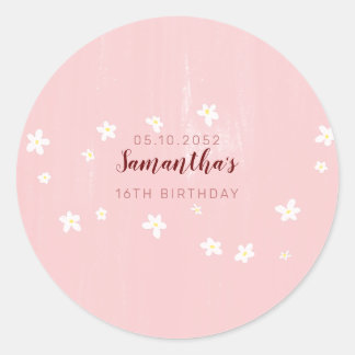 Sticker Rond Fête Anniversaire Rose Daisées Sweet Girly Script