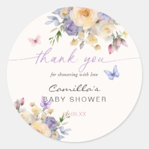 Sticker Rond Fête bébé remerciement floral papillon pastel