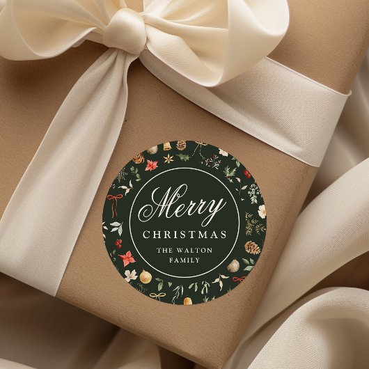 Sticker Rond Fête botanique hivernale Joyeux Noël