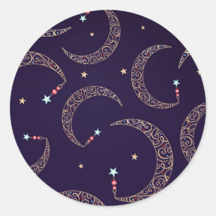 Sticker Rond Fête céleste de lune de filigrane d'or violet myst