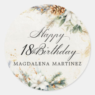 Sticker Rond Fête d'anniversaire 18 ans Fleurs Blanches d'Hiver