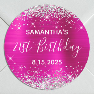 Sticker Rond Fête d'anniversaire 21 ans paillettes rose chaud e