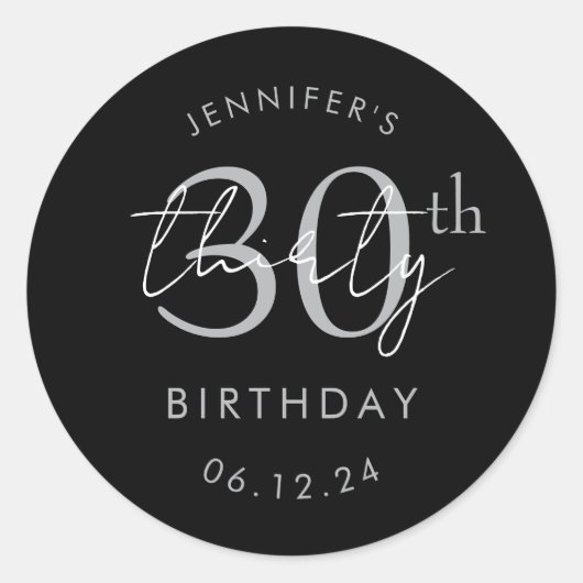 Sticker Rond Fête d'anniversaire 30 ans écriture moderne argent (Devant)
