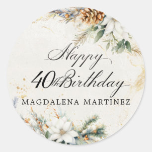 Sticker Rond Fête d'anniversaire 40 ans personnalisée Fleurs bl