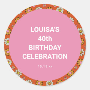 Sticker Rond Fête d'anniversaire 40 ans Retro Floral Orange Ros