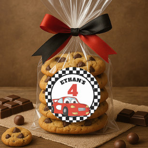 Sticker Rond Fête d'anniversaire 4 ans voiture de course rouge