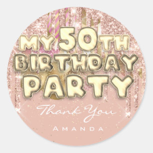 Sticker Rond Fête d'anniversaire 50 ans Nom Balle Glitter Or