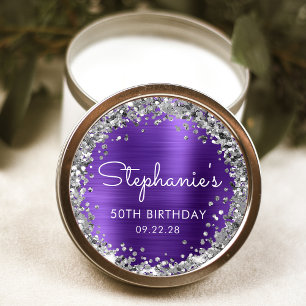 Sticker Rond Fête d'anniversaire 50 ans Paillettes Argent Viole