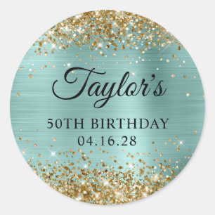 Sticker Rond Fête d'anniversaire 50 ans paillettes or turquoise