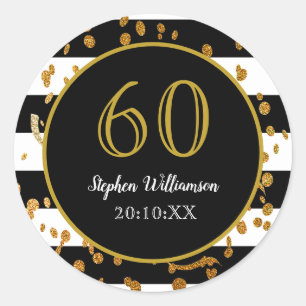 Sticker Rond Fête d'anniversaire 60 ans  Paillettes noires blan