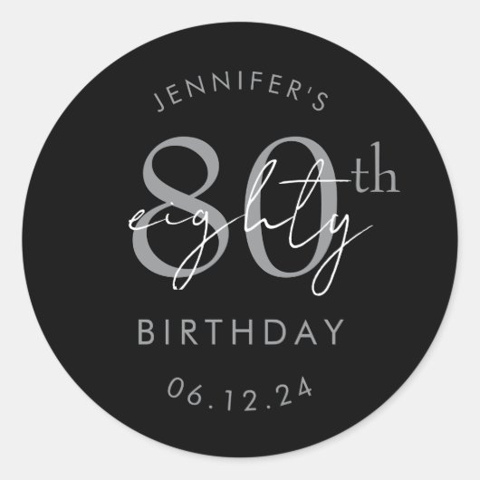 Sticker Rond Fête d'anniversaire 80 ans écriture moderne argent (Devant)