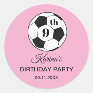 Sticker Rond Fête d'anniversaire 9 ans Football Rose Filles Spo