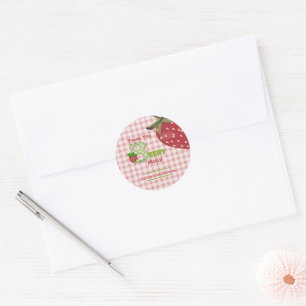 Sticker Rond Fête d'anniversaire à la fraise douce en vichy ros