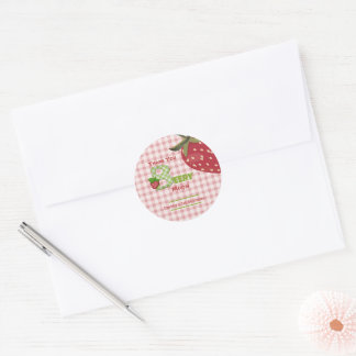 Sticker Rond Fête d'anniversaire à la fraise douce en vichy ros