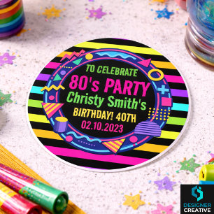 Sticker Rond Fête d'anniversaire adulte rétro néon années 80