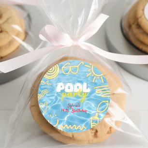 Sticker Rond Fête d'anniversaire ambiance néon estivale piscine