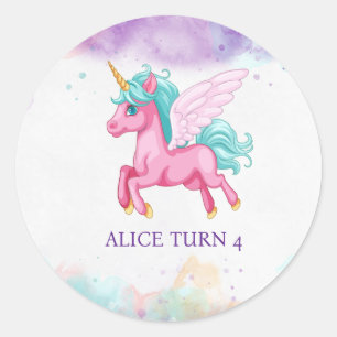 Sticker Rond Fête d'anniversaire arc-en-ciel licorne rose magiq