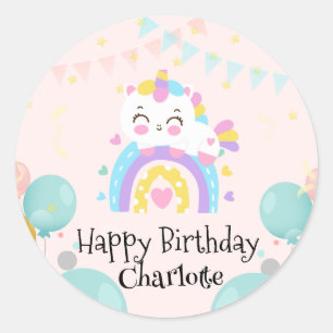Sticker Rond Fête d'anniversaire avec la licorne arc-en-ciel ma